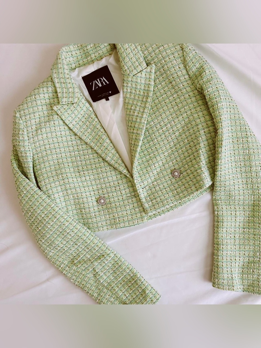 Zara Green Cropped Tweed Blazer Pearl Buttons M